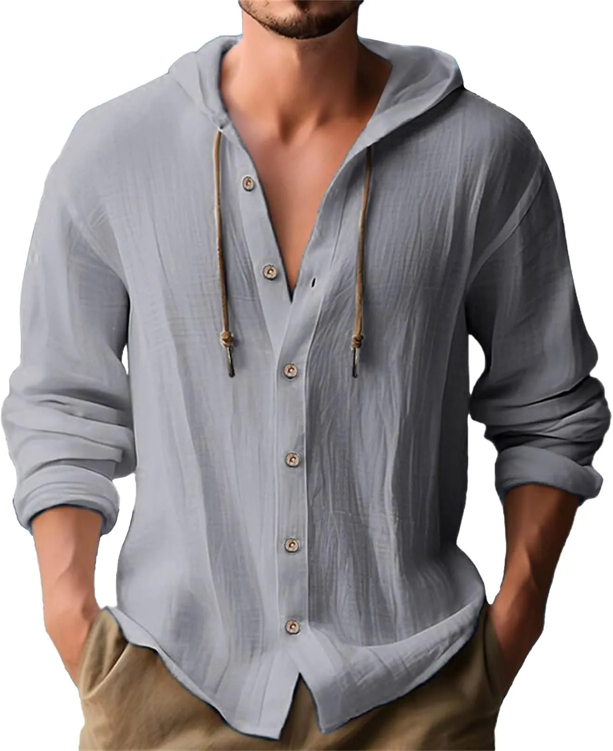 Cotton Linen Shirts for Men Hoodie Tops Casual Lightweight Long Sleeve Henley Beach Shirt Loose Hawaiian Hippie Shirt