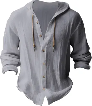 Cotton Linen Shirts for Men Hoodie Tops Casual Lightweight Long Sleeve Henley Beach Shirt Loose Hawaiian Hippie Shirt