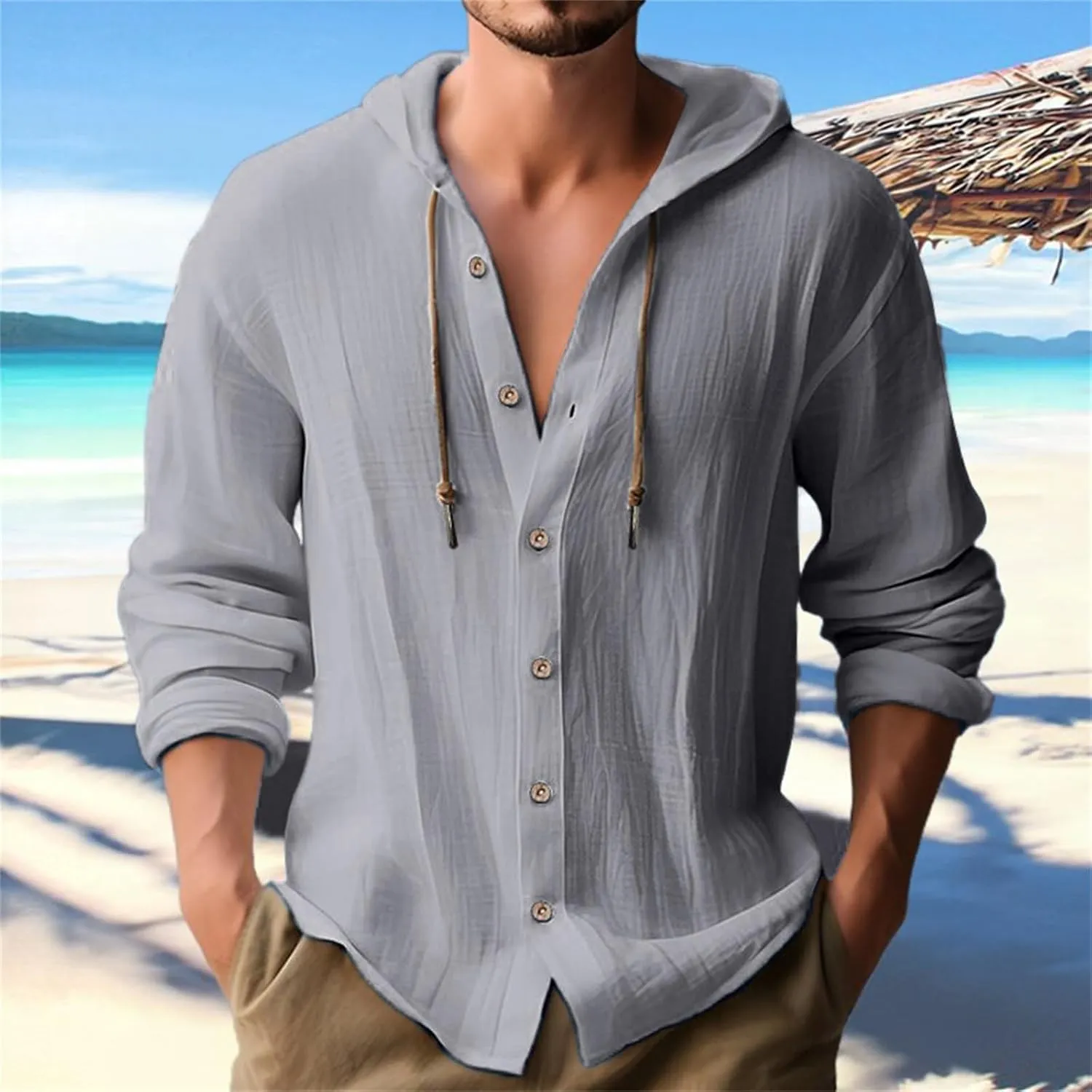 Cotton Linen Shirts for Men Hoodie Tops Casual Lightweight Long Sleeve Henley Beach Shirt Loose Hawaiian Hippie Shirt