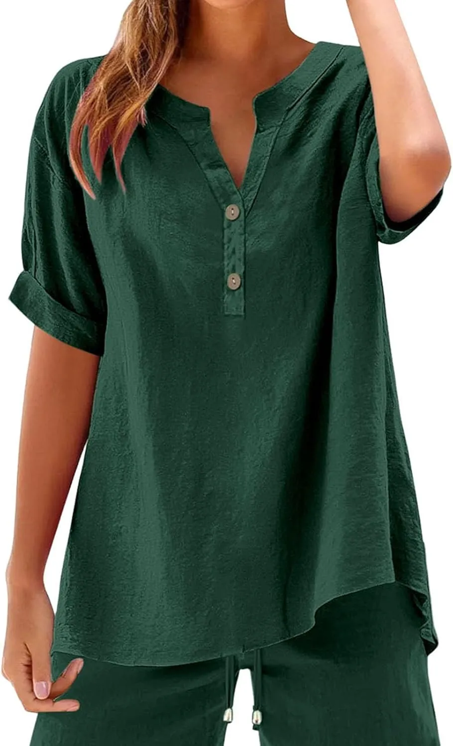 Cotton Linen Shirts for Women Button Down Roll Up Short Sleeve Lapel Collar V Neck Tops Loose Casual Flowy Blouses
