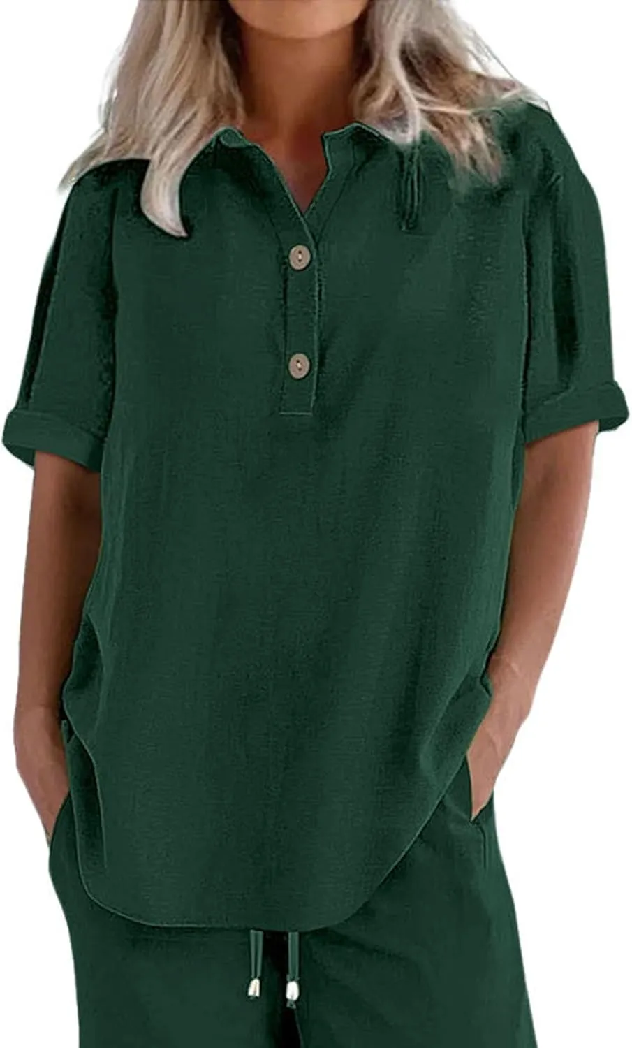 Cotton Linen Shirts for Women Button Down Roll Up Short Sleeve Lapel Collar V Neck Tops Loose Casual Flowy Blouses