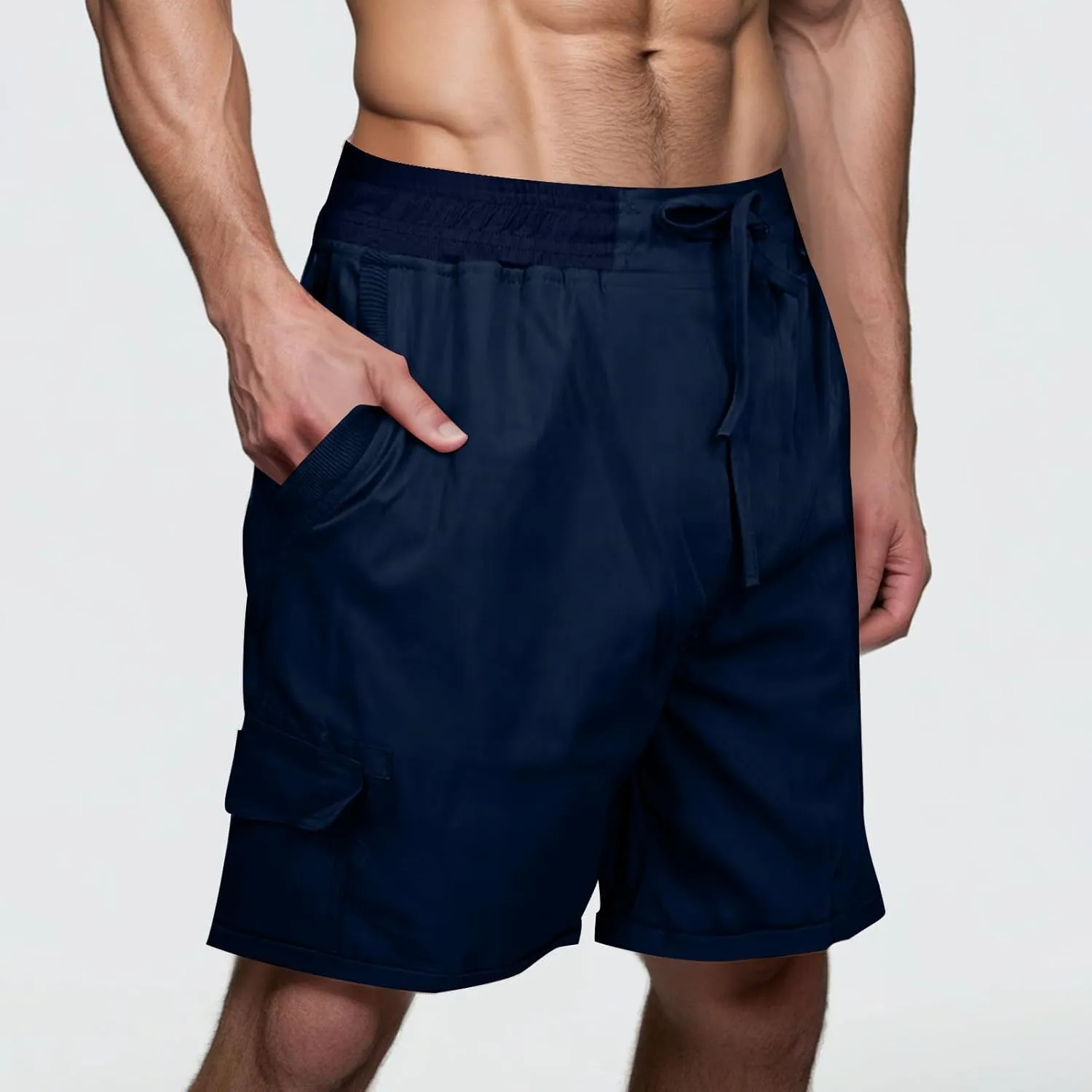 Cotton Linen Shorts for Men Solid Color Lightweight Cargo Elastic Waist Drawstring Beach Pants with Pockets