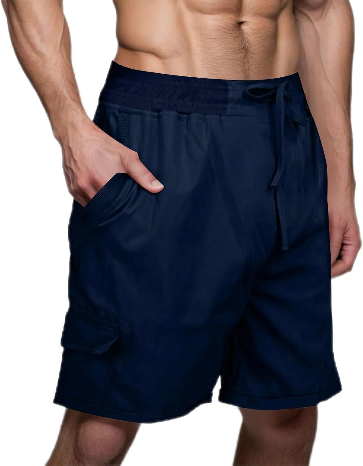 Cotton Linen Shorts for Men Solid Color Lightweight Cargo Elastic Waist Drawstring Beach Pants with Pockets