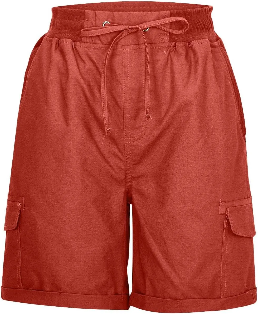 Cotton Linen Shorts for Men Solid Color Lightweight Cargo Elastic Waist Drawstring Beach Pants with Pockets