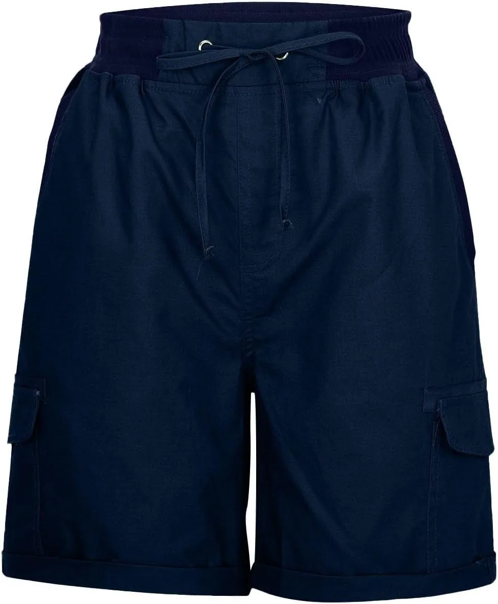 Cotton Linen Shorts for Men Solid Color Lightweight Cargo Elastic Waist Drawstring Beach Pants with Pockets