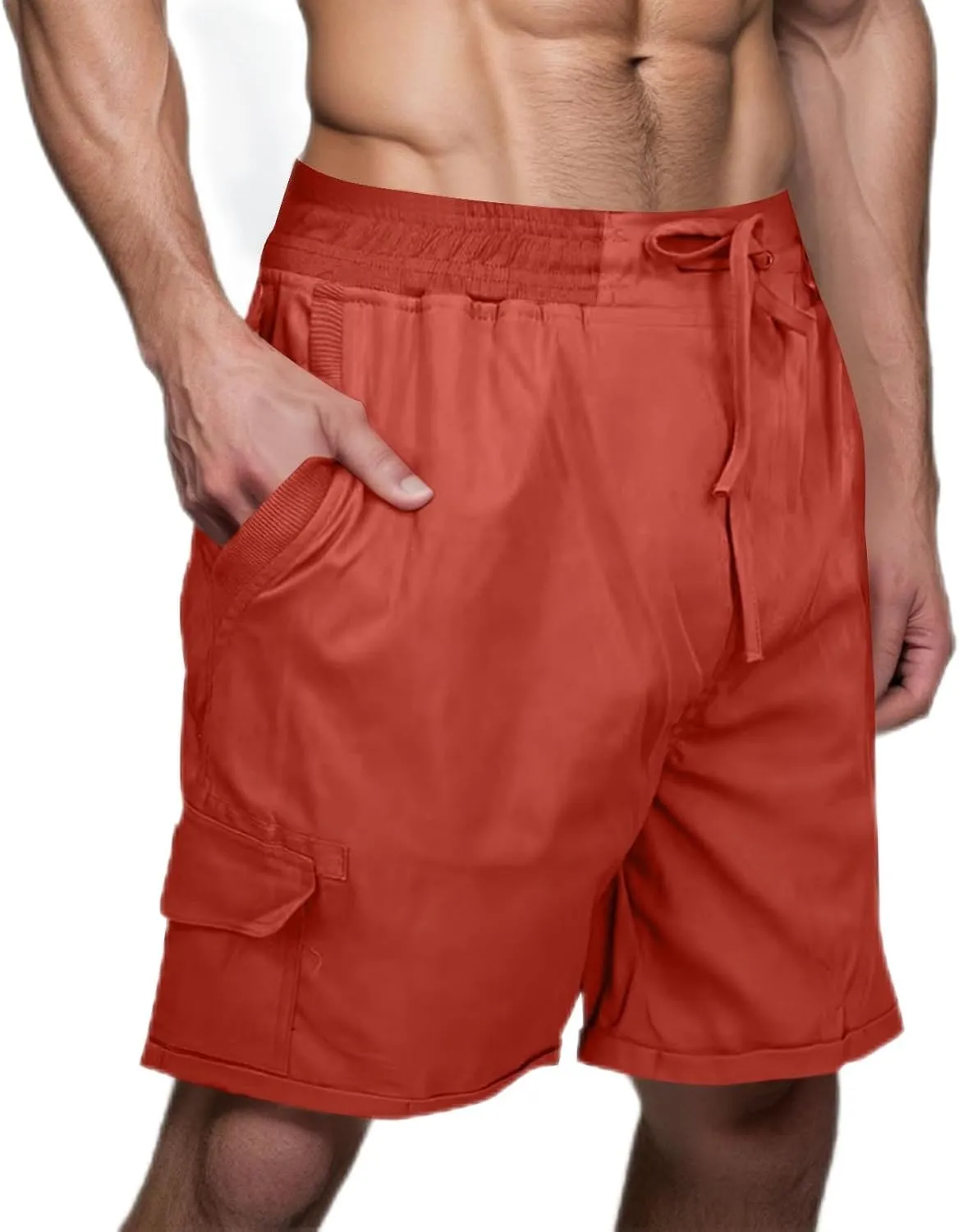 Cotton Linen Shorts for Men Solid Color Lightweight Cargo Elastic Waist Drawstring Beach Pants with Pockets