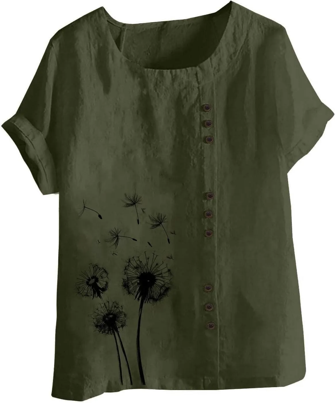 Cotton Linen Tops for Women Loose Fit Casual Roll Up Short Sleeve T-Shirt Cute Floral Print Boho Blouse 2025 Summer