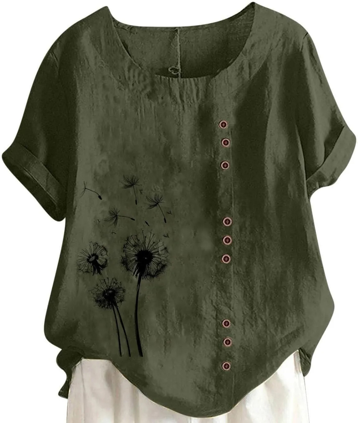 Cotton Linen Tops for Women Loose Fit Casual Roll Up Short Sleeve T-Shirt Cute Floral Print Boho Blouse 2025 Summer