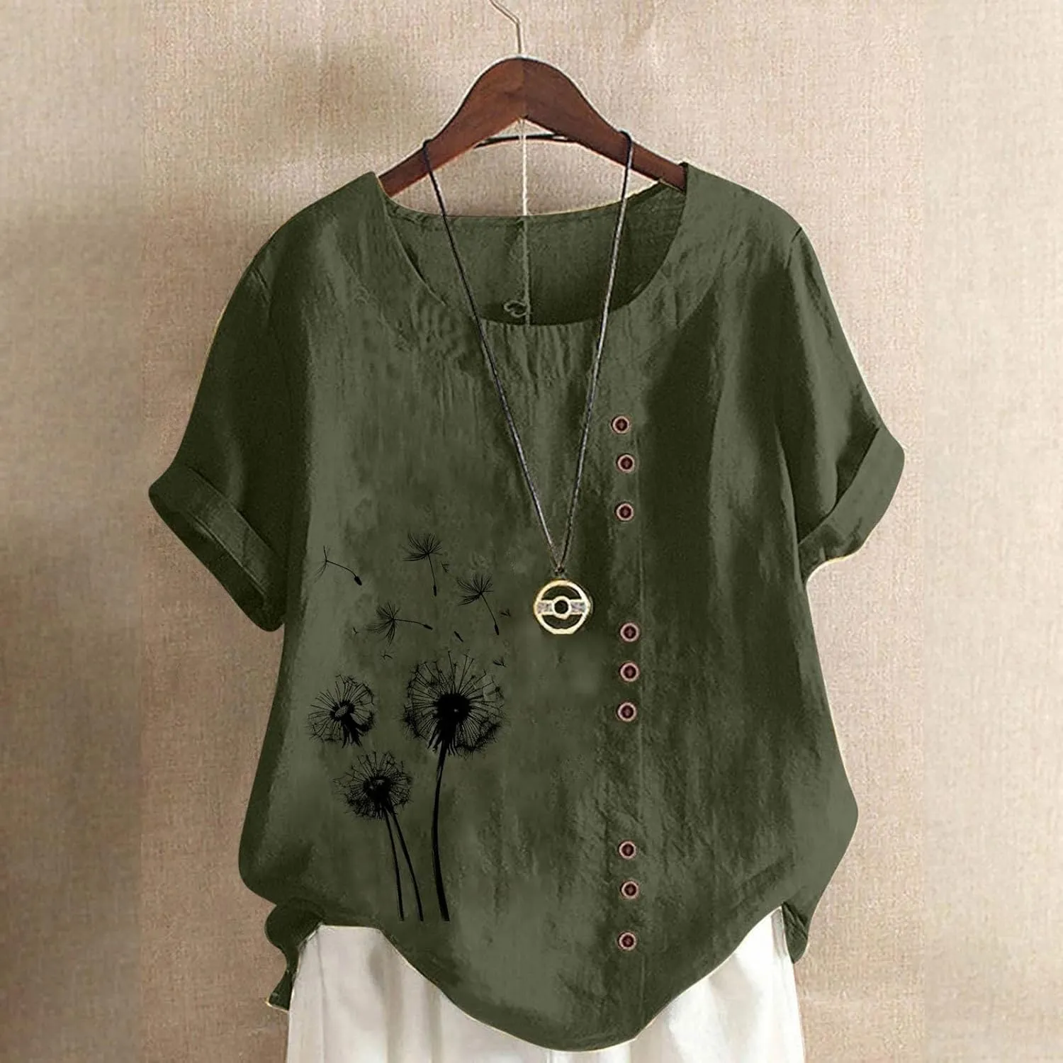 Cotton Linen Tops for Women Loose Fit Casual Roll Up Short Sleeve T-Shirt Cute Floral Print Boho Blouse 2025 Summer
