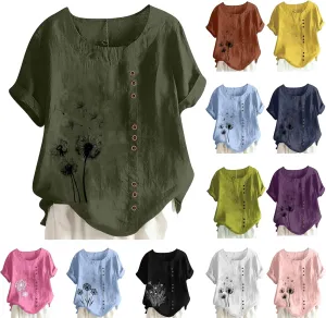 Cotton Linen Tops for Women Loose Fit Casual Roll Up Short Sleeve T-Shirt Cute Floral Print Boho Blouse 2025 Summer
