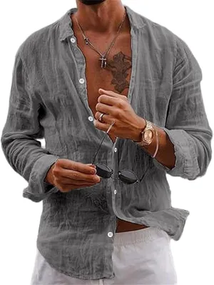 crazynekos Men's Casual Fashion Linen Long Sleeve Button Down Shirt Hawaii Beach Shirt