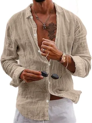 crazynekos Men's Casual Fashion Linen Long Sleeve Button Down Shirt Hawaii Beach Shirt