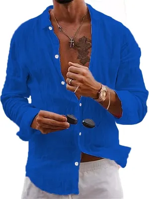 crazynekos Men's Casual Fashion Linen Long Sleeve Button Down Shirt Hawaii Beach Shirt