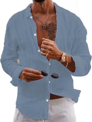 crazynekos Men's Casual Fashion Linen Long Sleeve Button Down Shirt Hawaii Beach Shirt