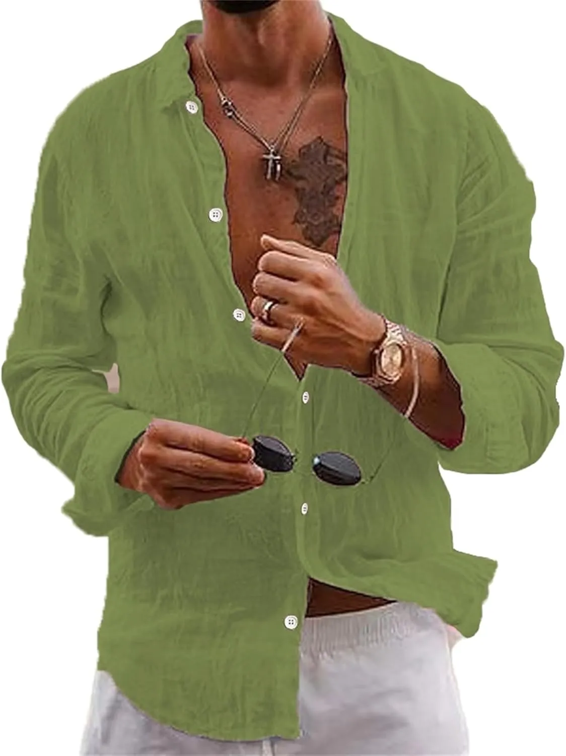 crazynekos Men's Casual Fashion Linen Long Sleeve Button Down Shirt Hawaii Beach Shirt