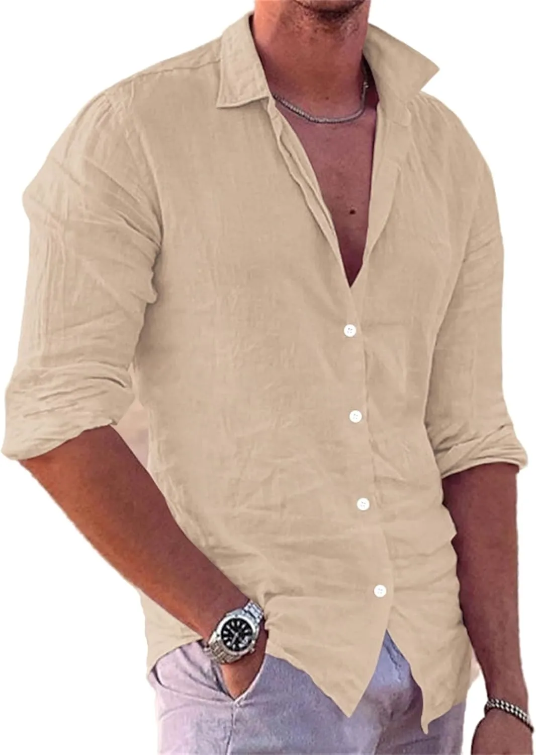 crazynekos Men's Casual Linen Long Sleeve Button Down Shirt Hawaii Beach Slim Fit Shirt