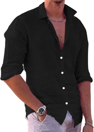 crazynekos Men's Casual Linen Long Sleeve Button Down Shirt Hawaii Beach Slim Fit Shirt