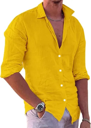 crazynekos Men's Casual Linen Long Sleeve Button Down Shirt Hawaii Beach Slim Fit Shirt