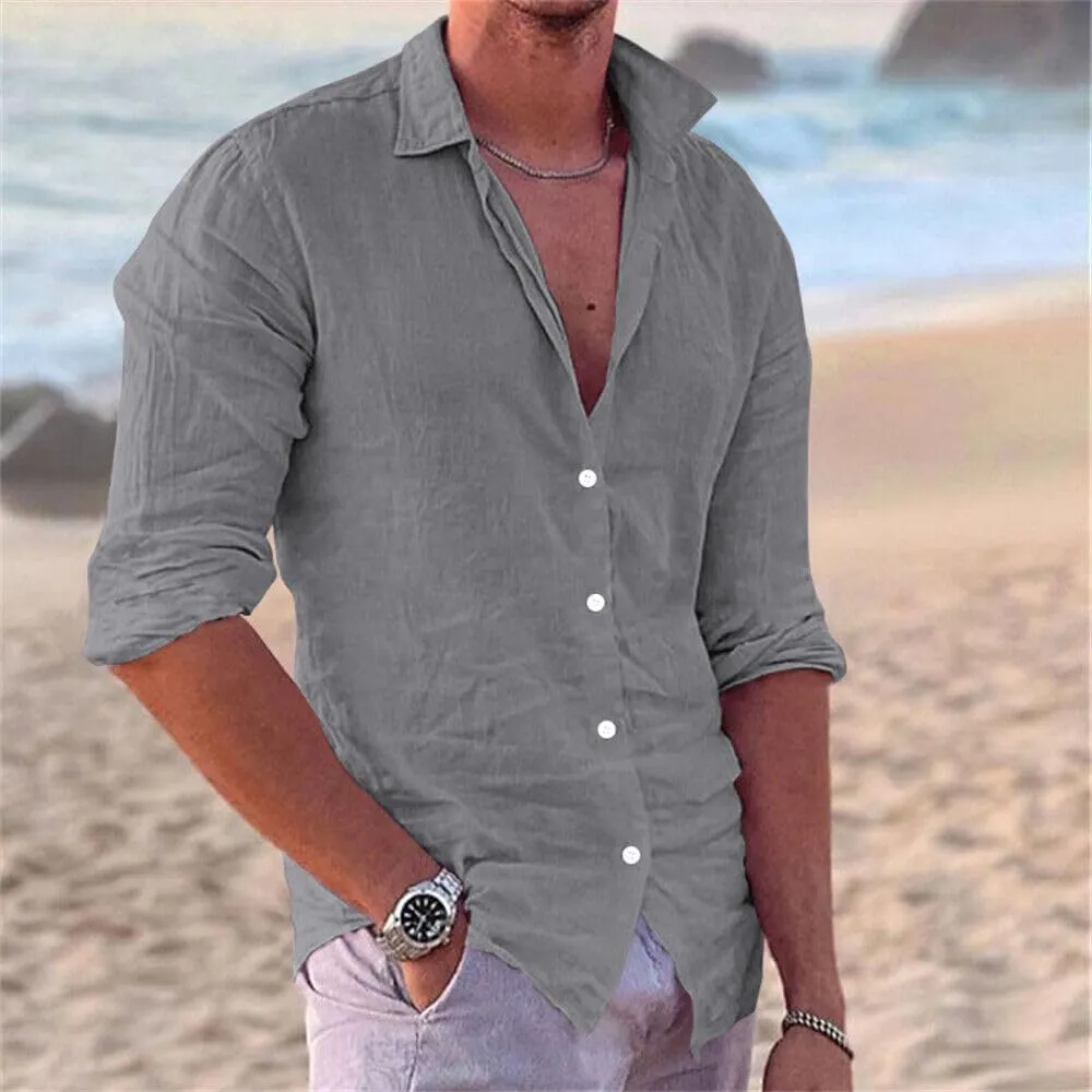 crazynekos Men's Casual Linen Long Sleeve Button Down Shirt Hawaii Beach Slim Fit Shirt