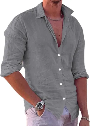 crazynekos Men's Casual Linen Long Sleeve Button Down Shirt Hawaii Beach Slim Fit Shirt