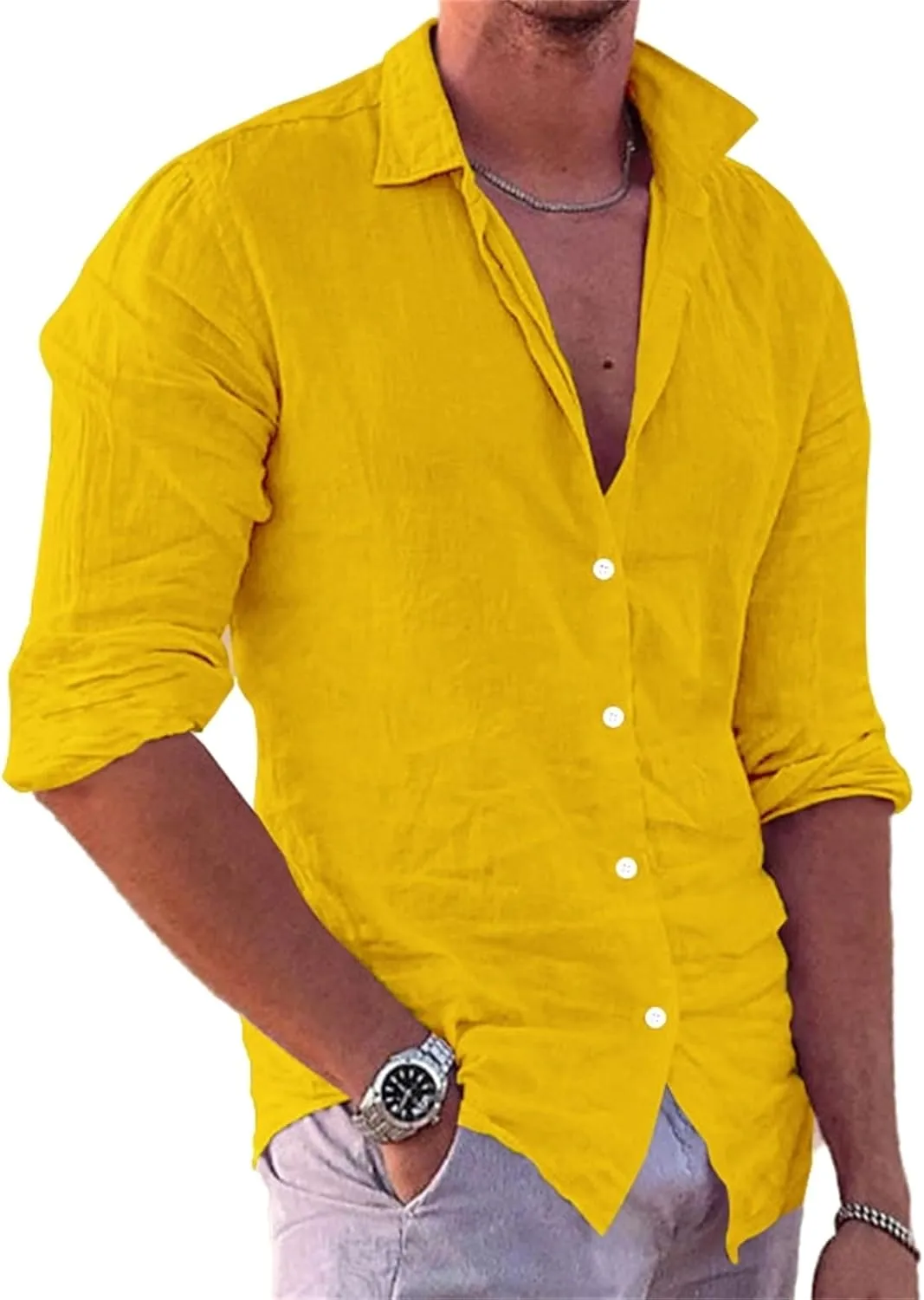 crazynekos Men's Casual Linen Long Sleeve Button Down Shirt Hawaii Beach Slim Fit Shirt