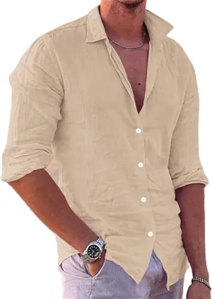 crazynekos Men's Casual Linen Long Sleeve Button Down Shirt Hawaii Beach Slim Fit Shirt
