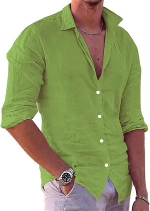 crazynekos Men's Casual Linen Long Sleeve Button Down Shirt Hawaii Beach Slim Fit Shirt