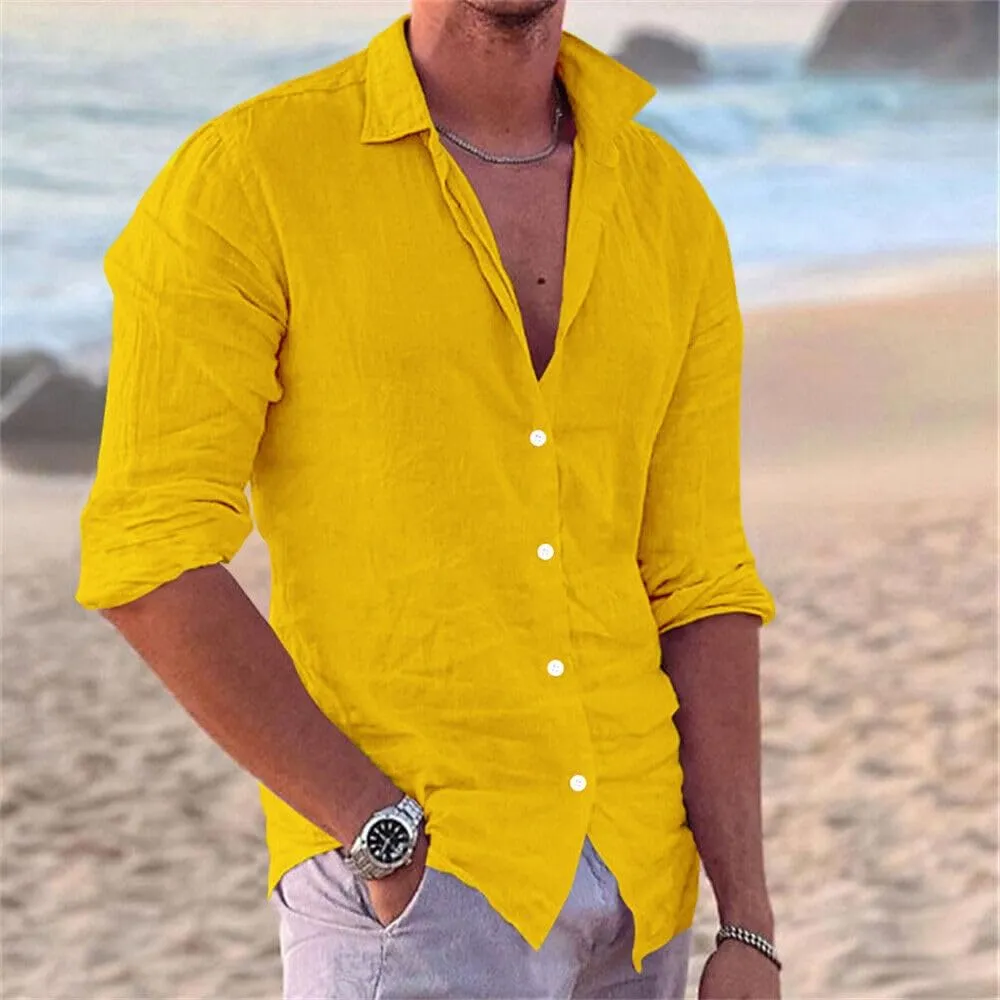 crazynekos Men's Casual Linen Long Sleeve Button Down Shirt Hawaii Beach Slim Fit Shirt