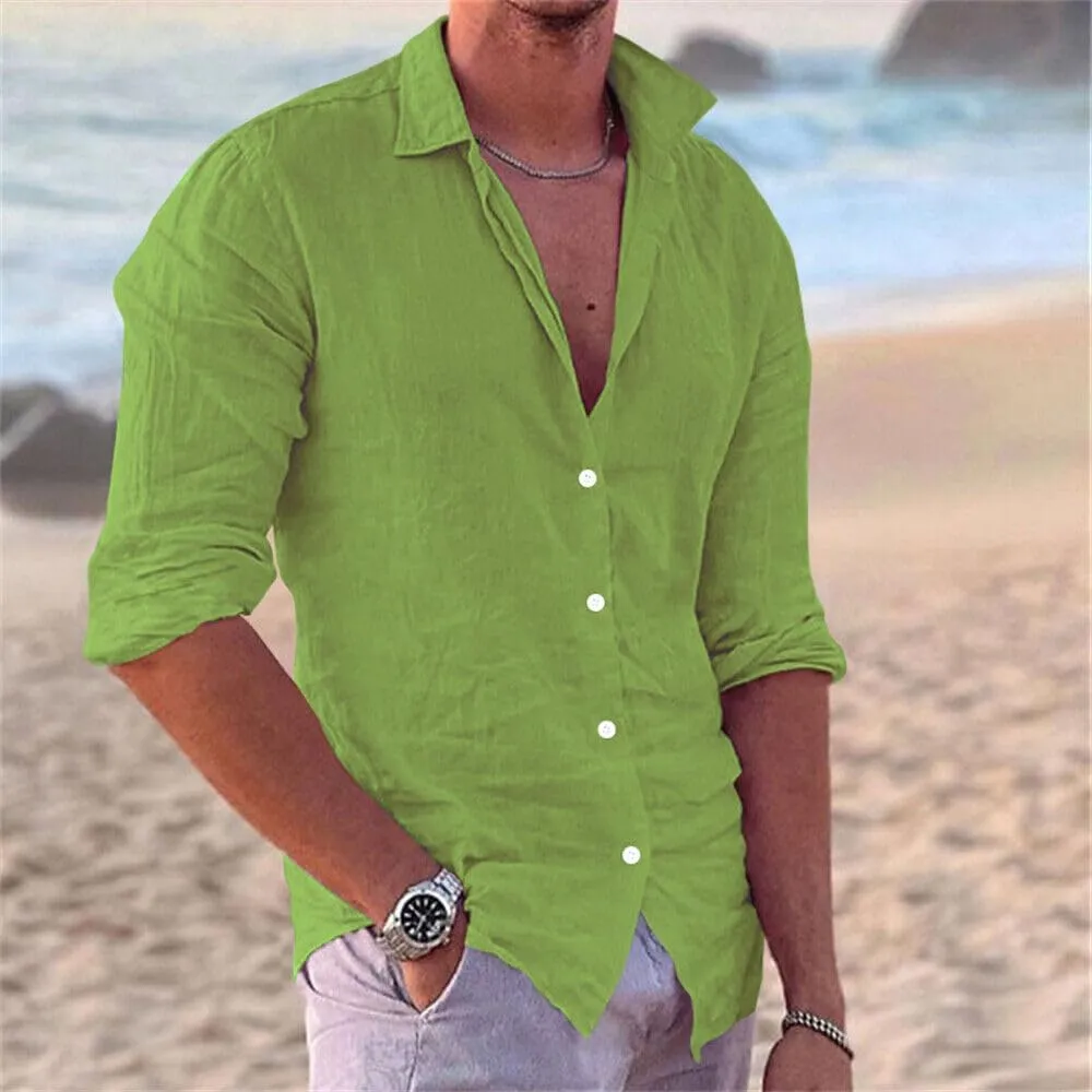 crazynekos Men's Casual Linen Long Sleeve Button Down Shirt Hawaii Beach Slim Fit Shirt