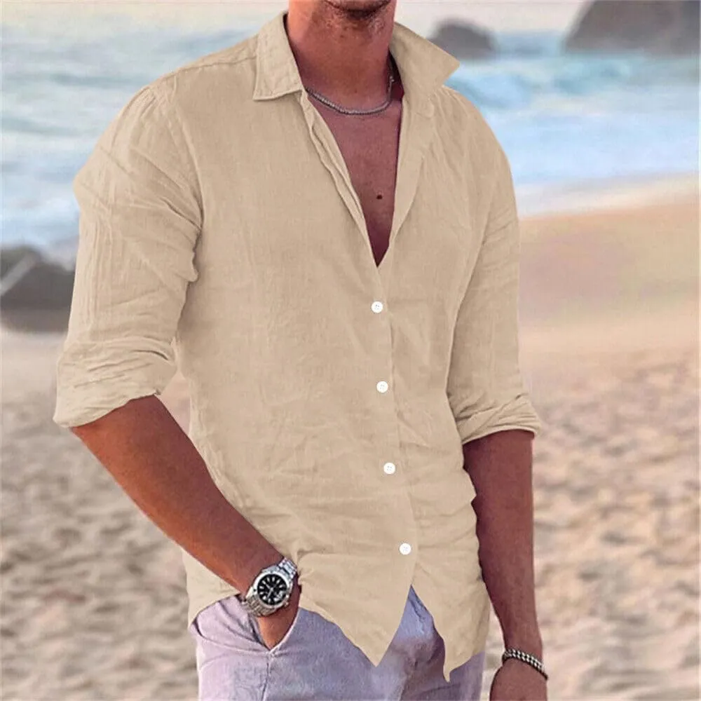 crazynekos Men's Casual Linen Long Sleeve Button Down Shirt Hawaii Beach Slim Fit Shirt