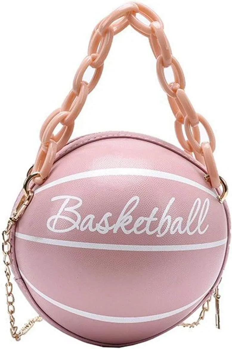 Crossbody Bag for Women,Women Shoulder Bags,Women Basketball Round PU Leather Shoulder Crossbody Bag Tote Chain Satchel Pink