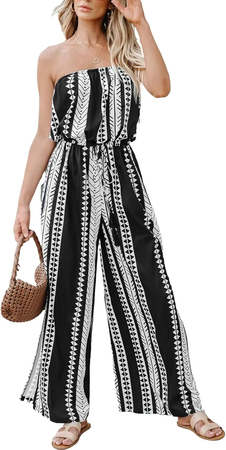 CUPSHE Women's Jumpsuits Sleeveless Waist Tie Wide leg Overall Off-Shoulder Neck Outfit Casual Beach