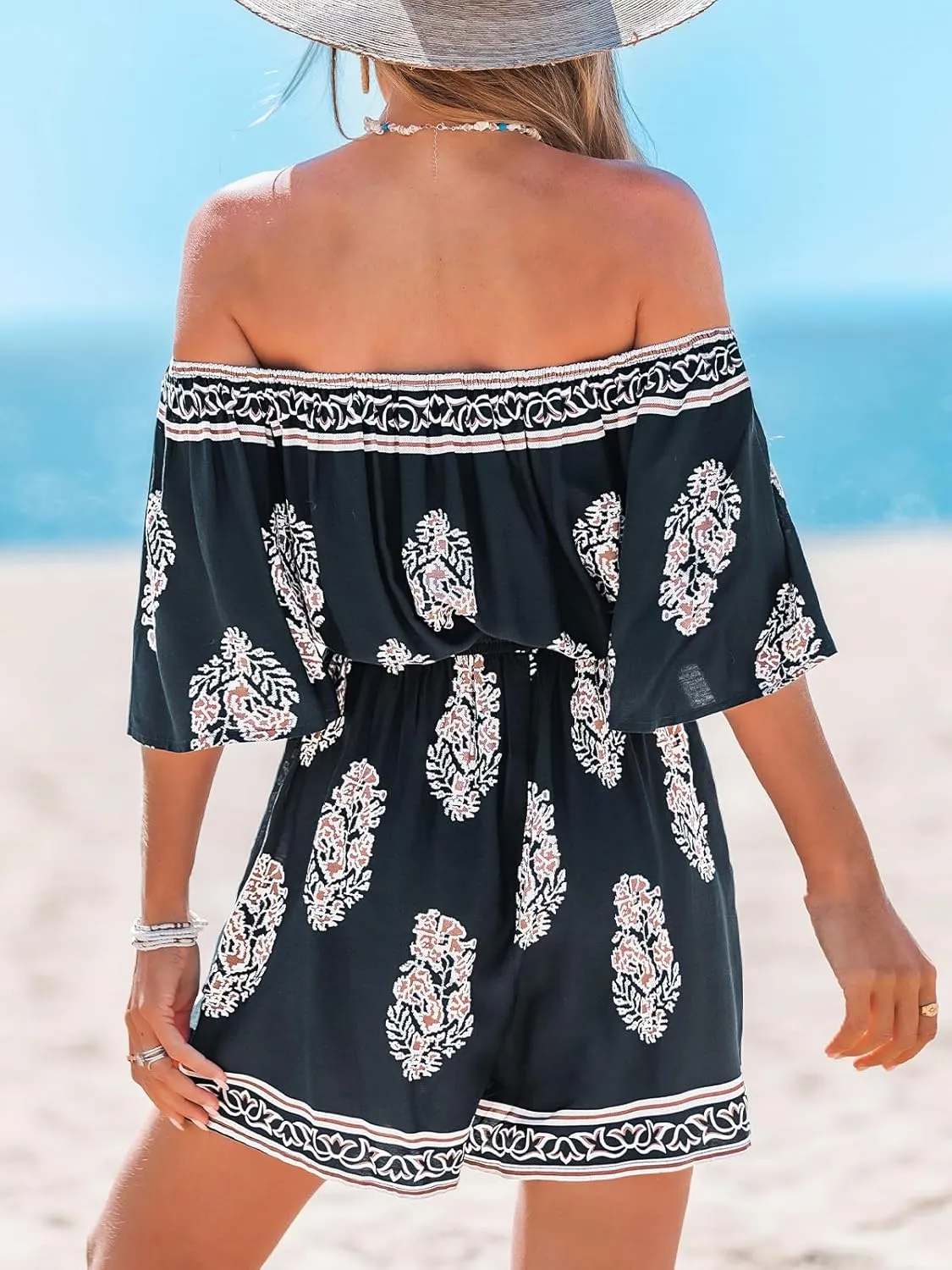CUPSHE Women's Romper Off-Shoulder Neck Half Sleeves Elasticized Waist Wide leg Jumpsuit Outfit Coverup Casual Vacation