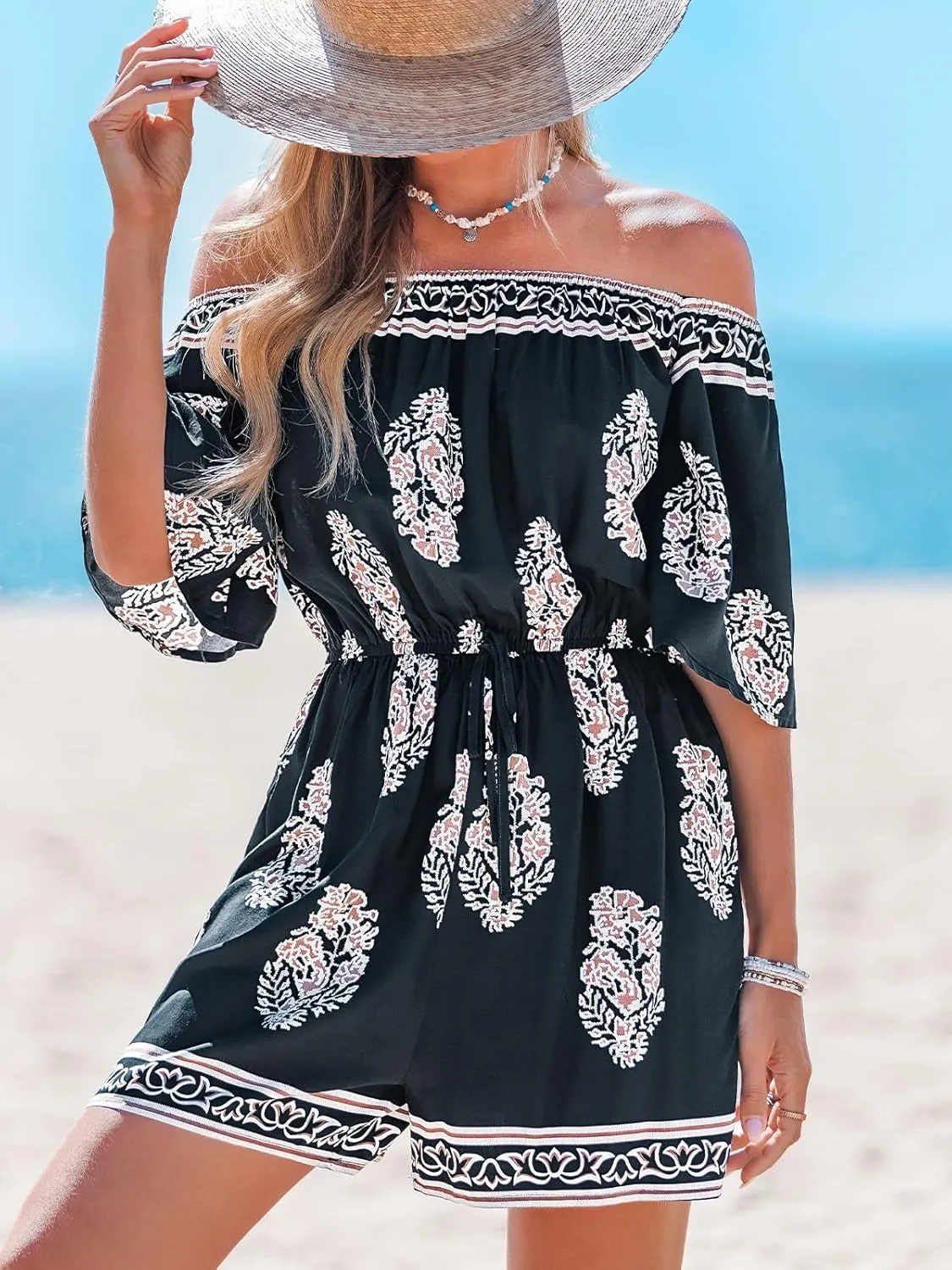 CUPSHE Women's Romper Off-Shoulder Neck Half Sleeves Elasticized Waist Wide leg Jumpsuit Outfit Coverup Casual Vacation