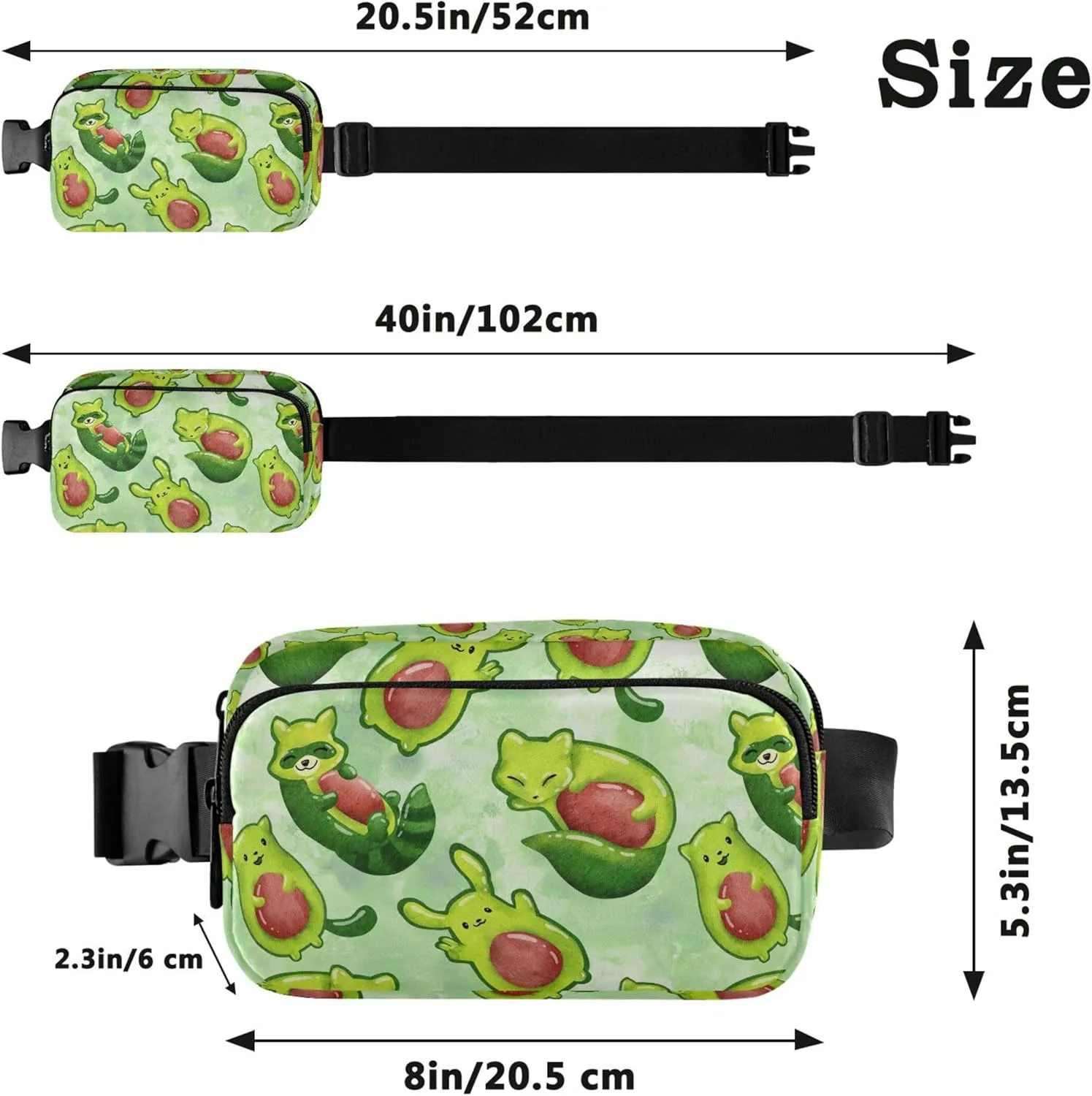 Custom Avocado Animals Cute Fanny Pack for Women Waterproof Belt Bags Hip Pack Pattern Crossbody Waist Pack