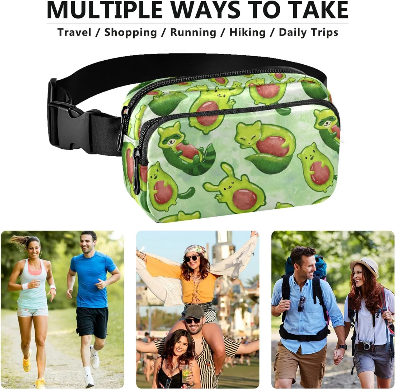 Custom Avocado Animals Cute Fanny Pack for Women Waterproof Belt Bags Hip Pack Pattern Crossbody Waist Pack