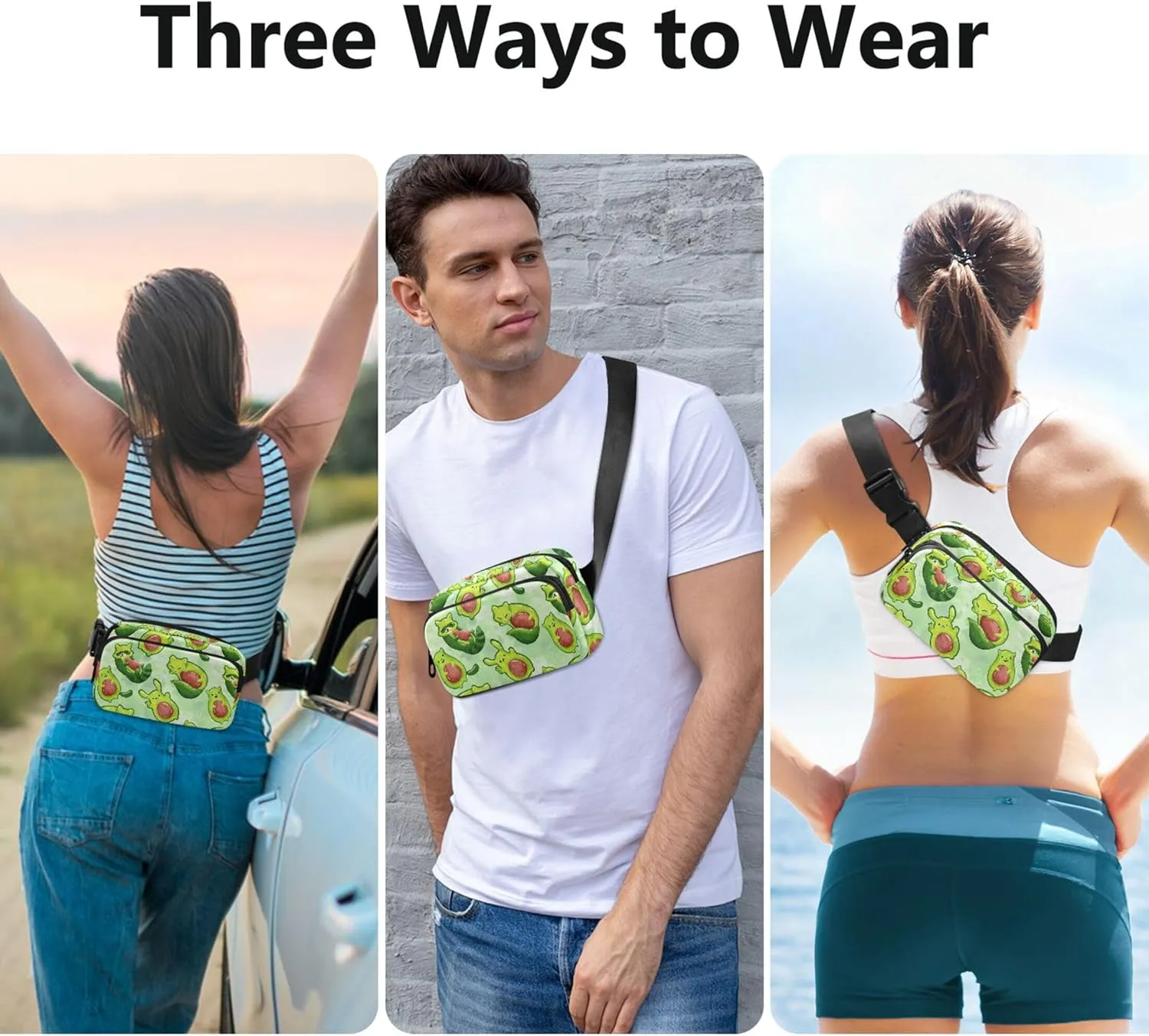 Custom Avocado Animals Cute Fanny Pack for Women Waterproof Belt Bags Hip Pack Pattern Crossbody Waist Pack