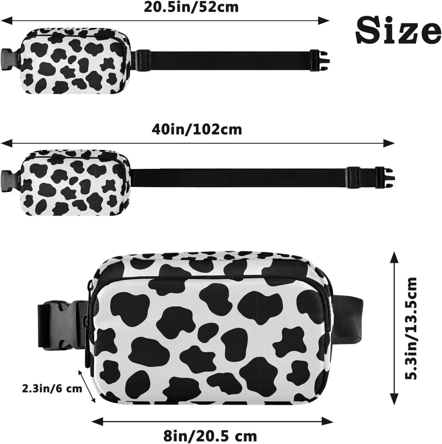 Custom Black White Cow Pattern Women Fanny Packs Waterproof Hip Pouch Belt Bag Designer Crossbody Waist Bag