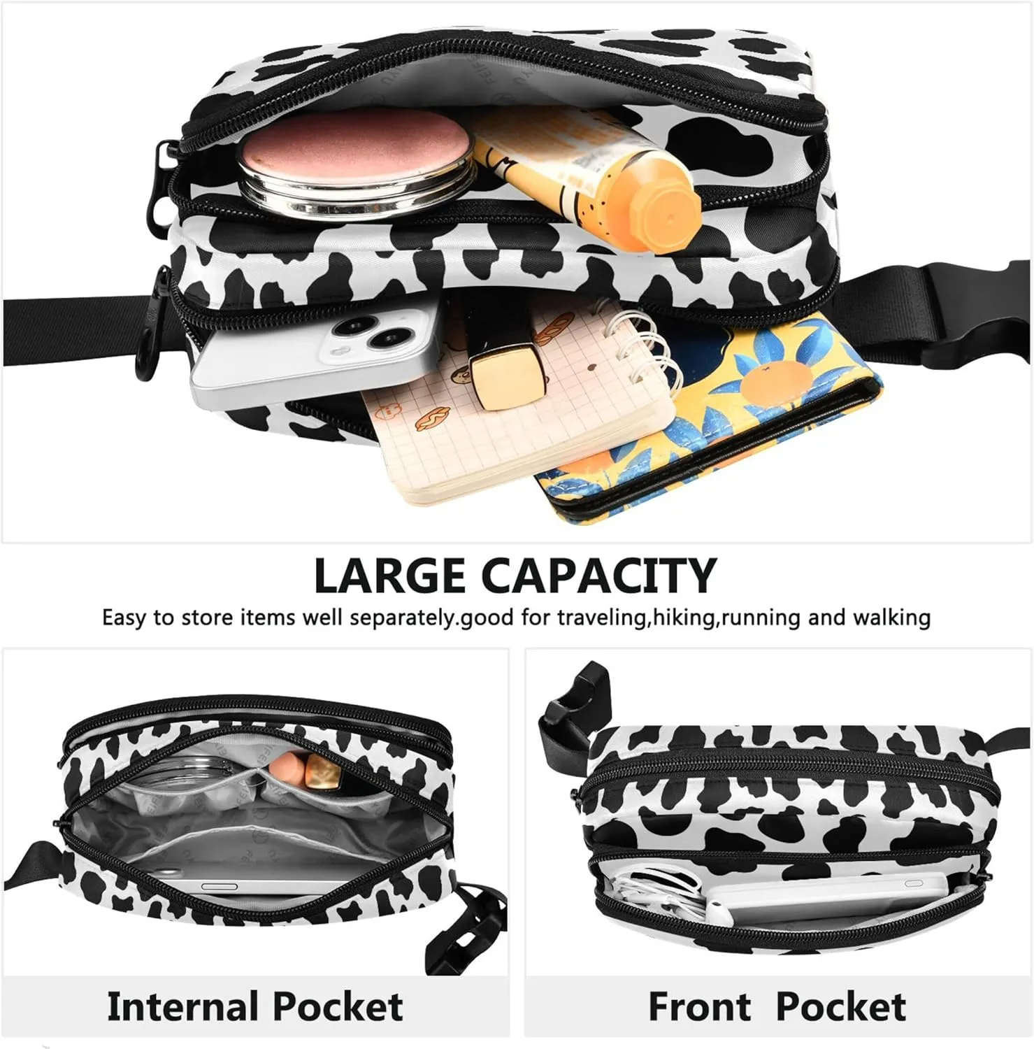 Custom Black White Cow Pattern Women Fanny Packs Waterproof Hip Pouch Belt Bag Designer Crossbody Waist Bag