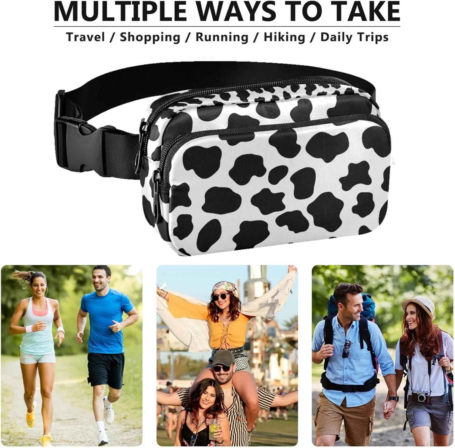 Custom Black White Cow Pattern Women Fanny Packs Waterproof Hip Pouch Belt Bag Designer Crossbody Waist Bag