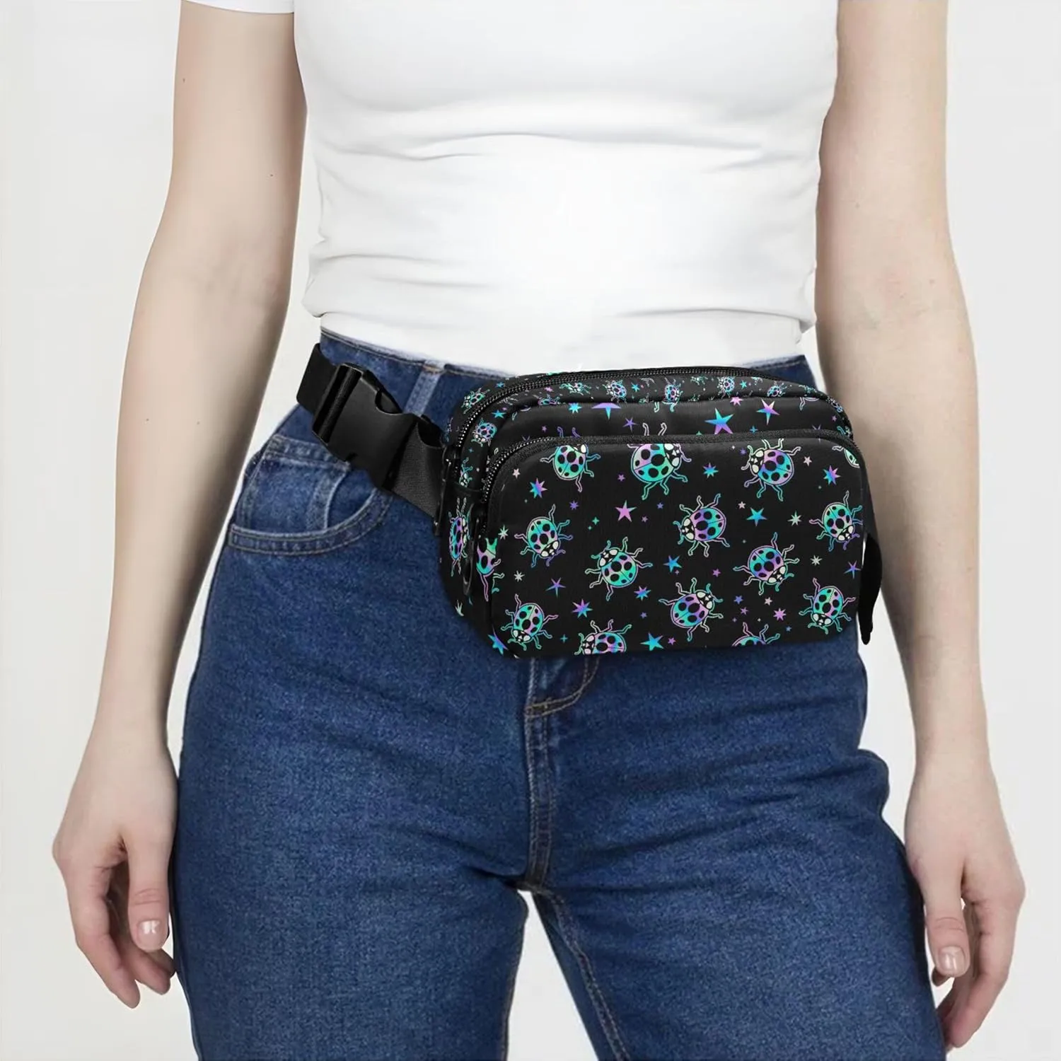 Custom Bright Ladybugs Stars Fanny Packs for Women Waterproof Hip Bag Belt Purse Funky Travel Waist Pack for Men