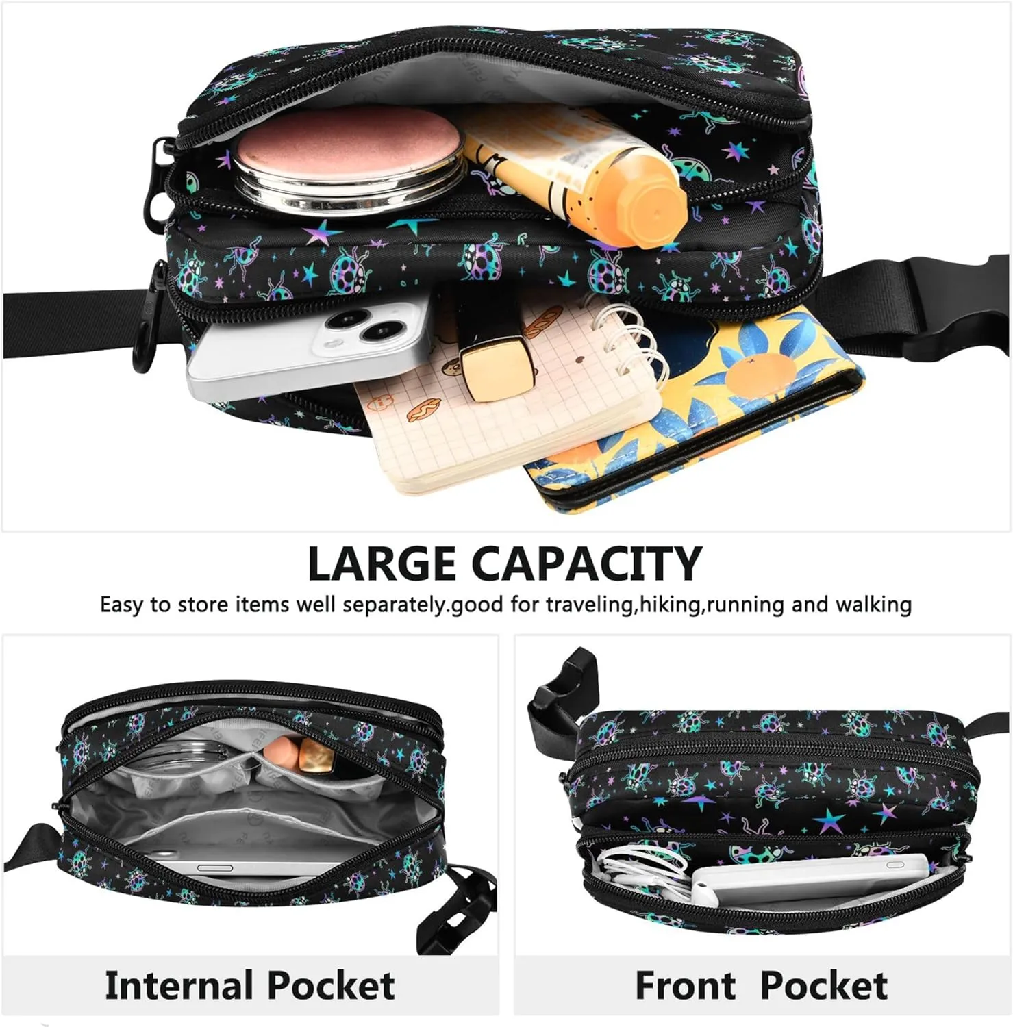 Custom Bright Ladybugs Stars Fanny Packs for Women Waterproof Hip Bag Belt Purse Funky Travel Waist Pack for Men