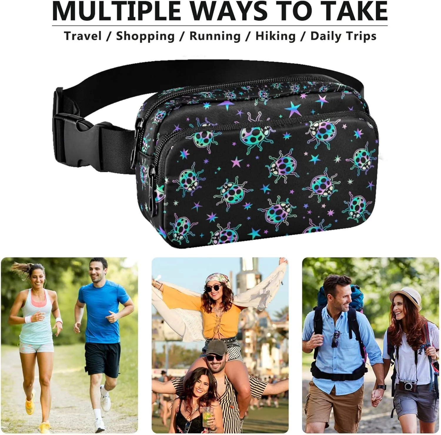Custom Bright Ladybugs Stars Fanny Packs for Women Waterproof Hip Bag Belt Purse Funky Travel Waist Pack for Men