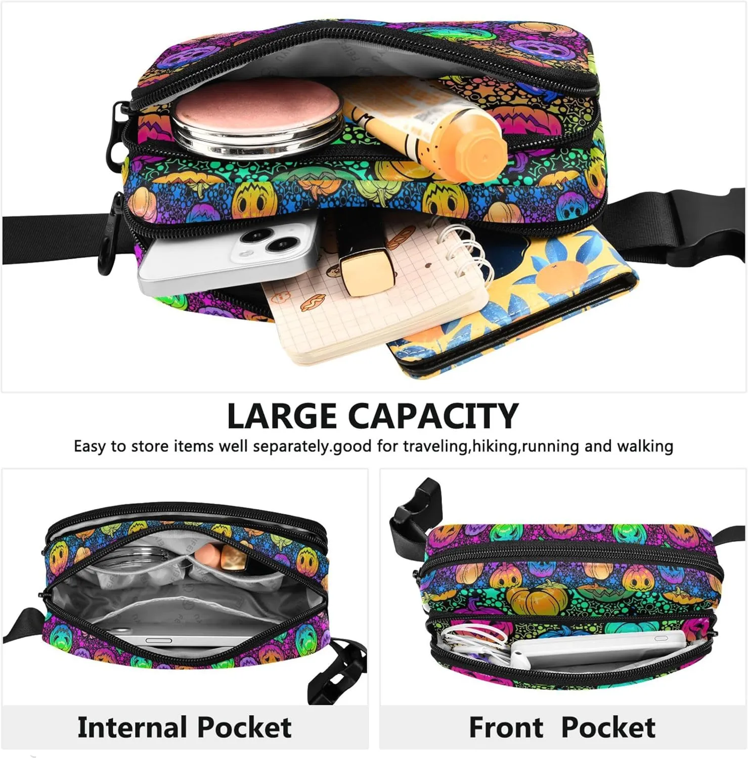Custom Bright Rainbow Halloween Pumpkins Fanny Packs Women Waterproof Belt Bag Hip Pouch Trendy Cross Body Waist Pack