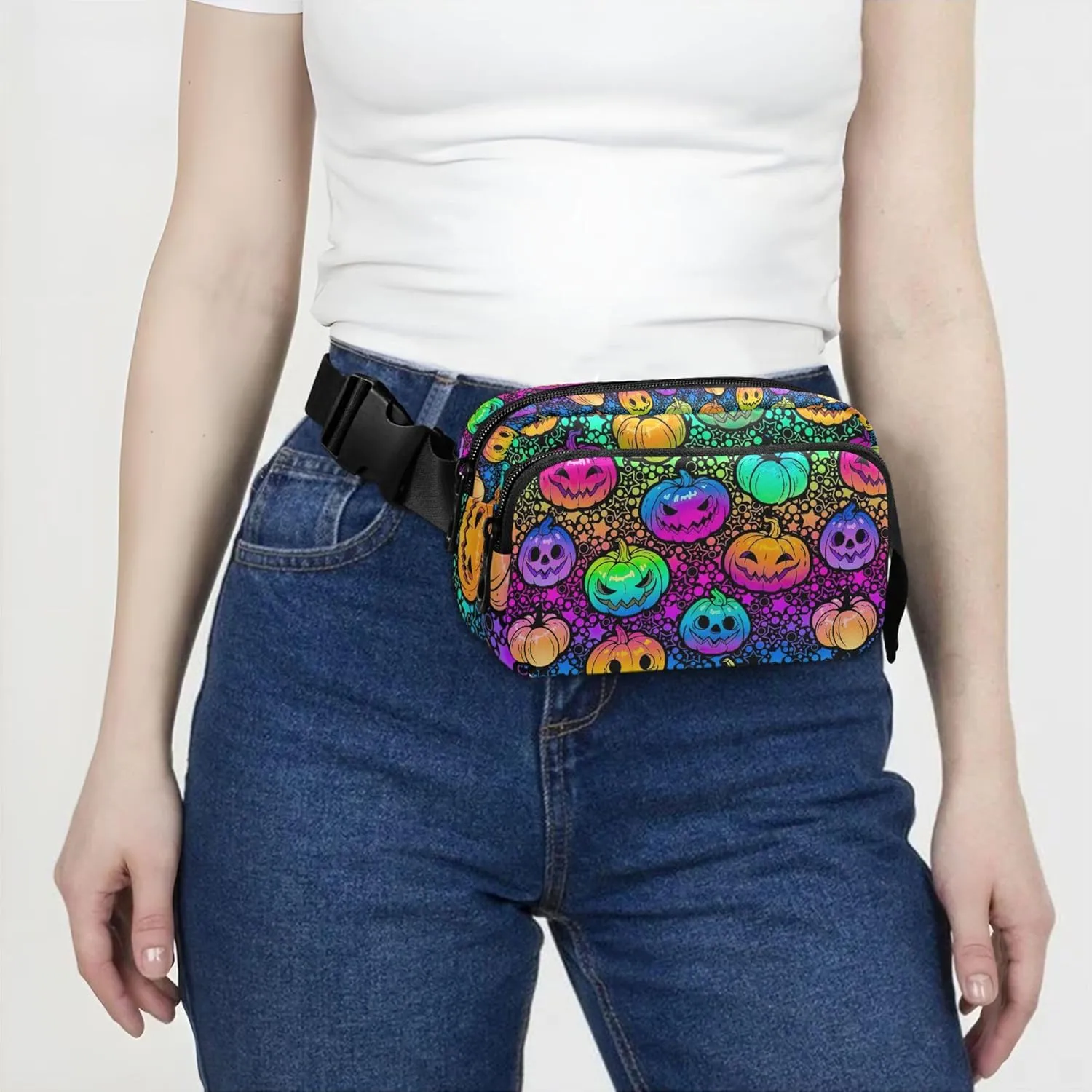 Custom Bright Rainbow Halloween Pumpkins Fanny Packs Women Waterproof Belt Bag Hip Pouch Trendy Cross Body Waist Pack