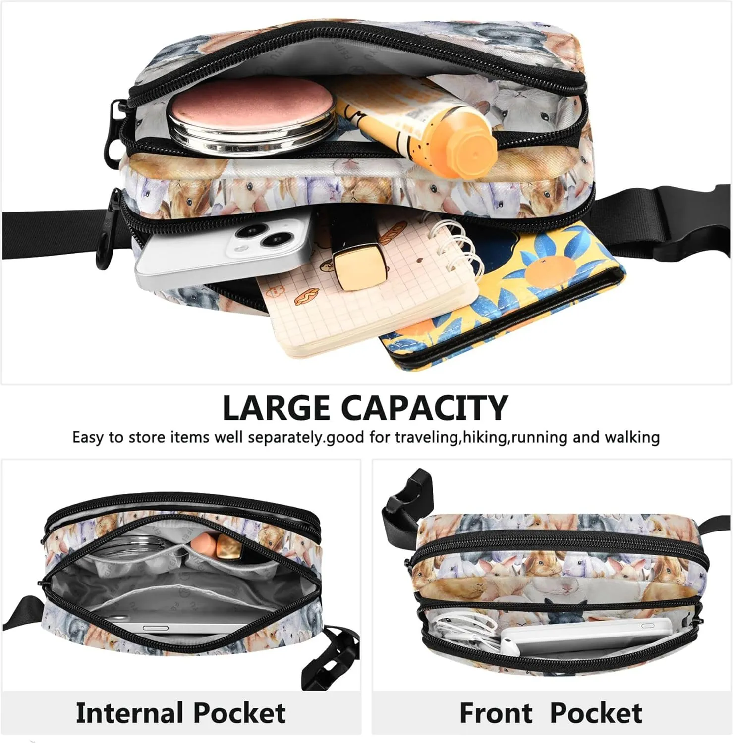 Custom Bunnies Animal Watercolor Fanny Packs for Women Bright Color Hip Pack Belt Pouch Waterproof Waist Pack for Women