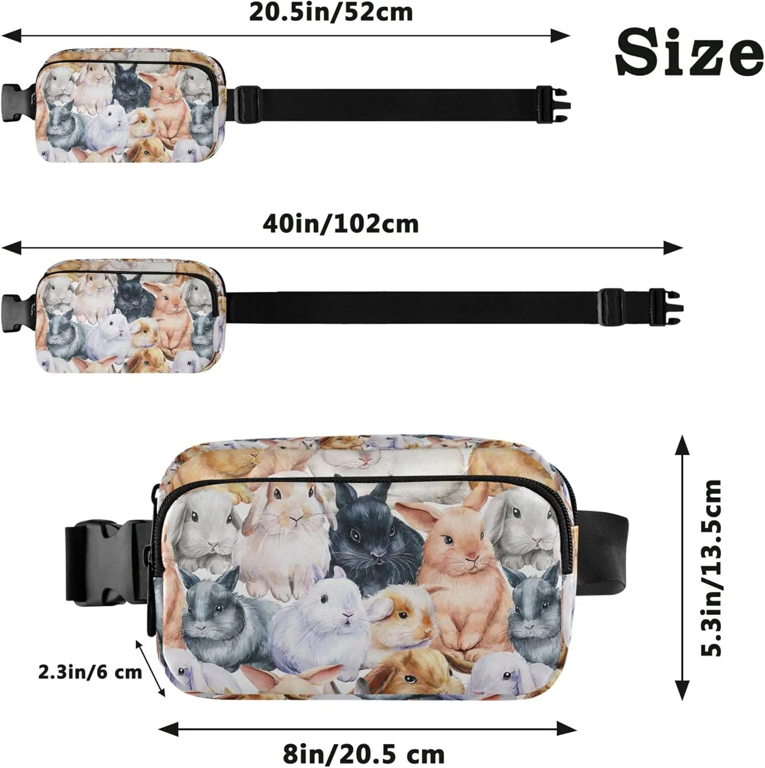 Custom Bunnies Animal Watercolor Fanny Packs for Women Bright Color Hip Pack Belt Pouch Waterproof Waist Pack for Women