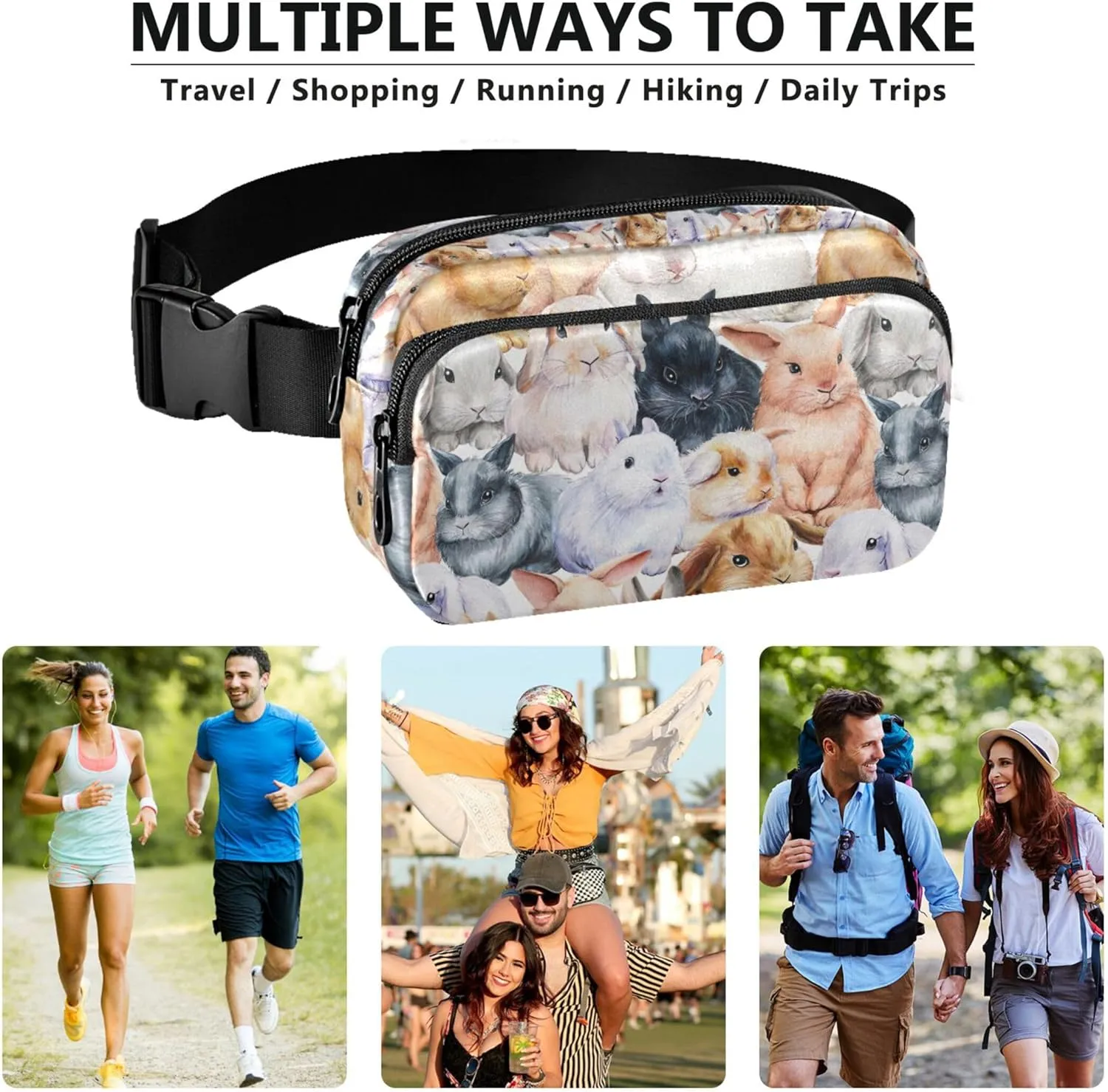 Custom Bunnies Animal Watercolor Fanny Packs for Women Bright Color Hip Pack Belt Pouch Waterproof Waist Pack for Women
