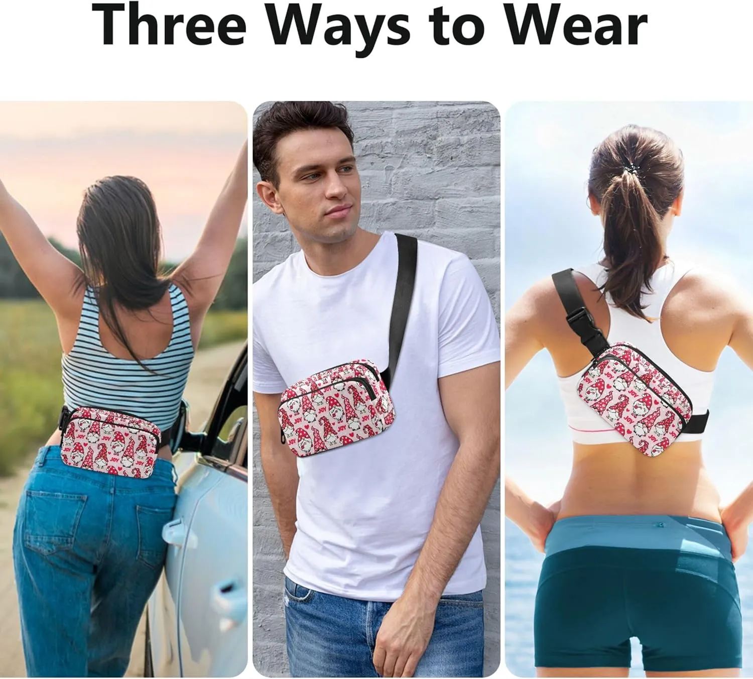 Custom Christmas Gnome Cute Pink Fanny Packs for Women Waterproof Hip Pack Belt Pouch Funky Waist Pack for Women