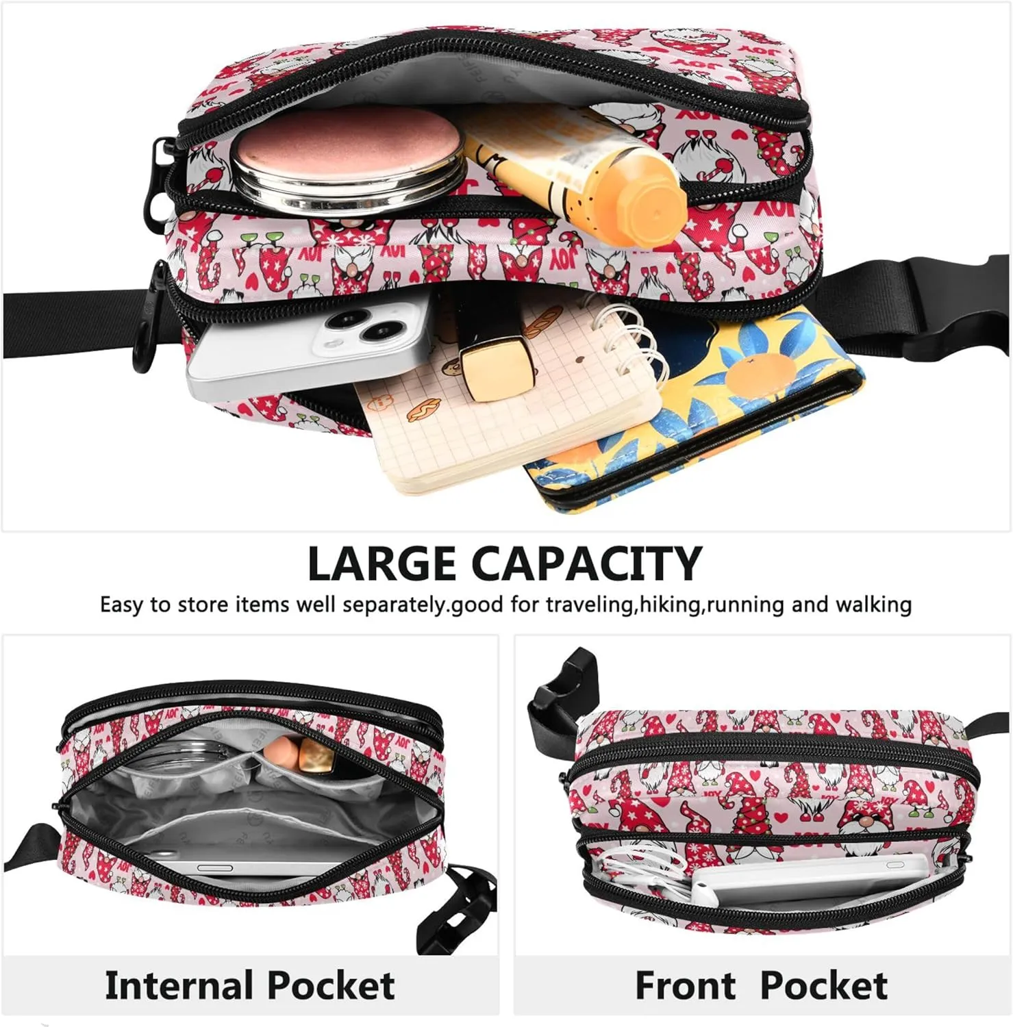 Custom Christmas Gnome Cute Pink Fanny Packs for Women Waterproof Hip Pack Belt Pouch Funky Waist Pack for Women